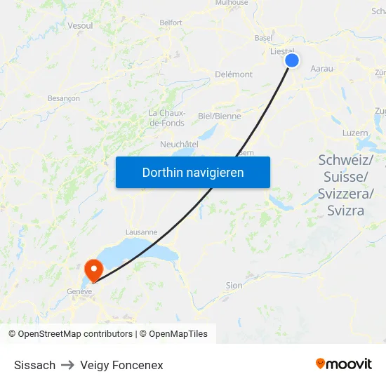 Sissach to Veigy Foncenex map