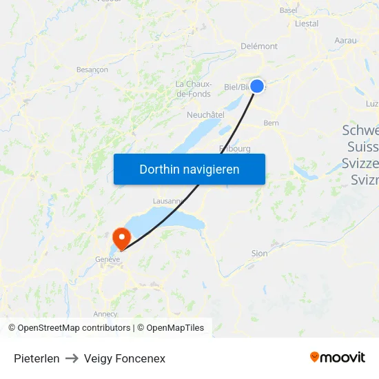 Pieterlen to Veigy Foncenex map