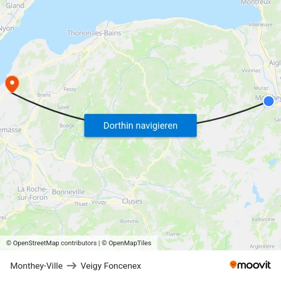 Monthey-Ville to Veigy Foncenex map