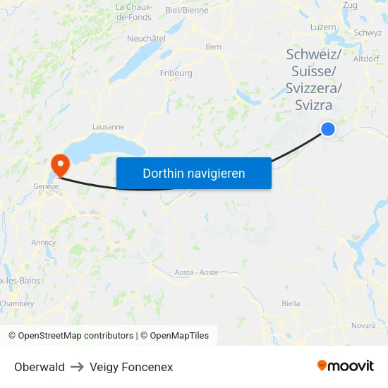 Oberwald to Veigy Foncenex map