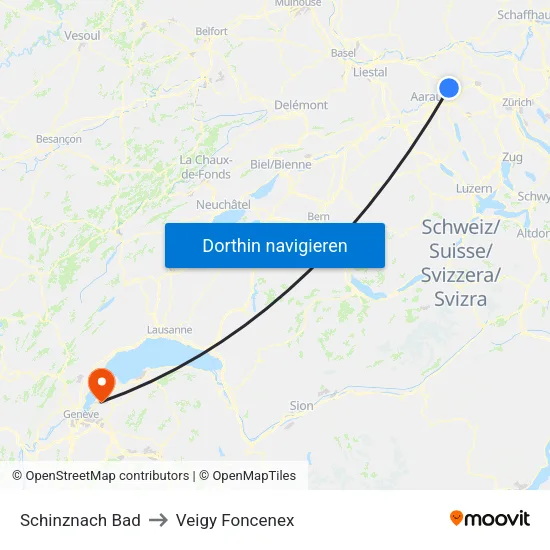 Schinznach Bad to Veigy Foncenex map