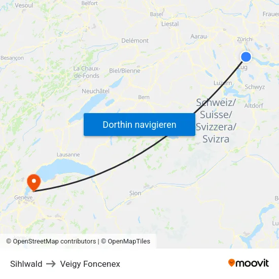 Sihlwald to Veigy Foncenex map