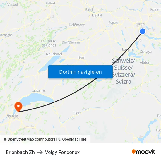 Erlenbach Zh to Veigy Foncenex map