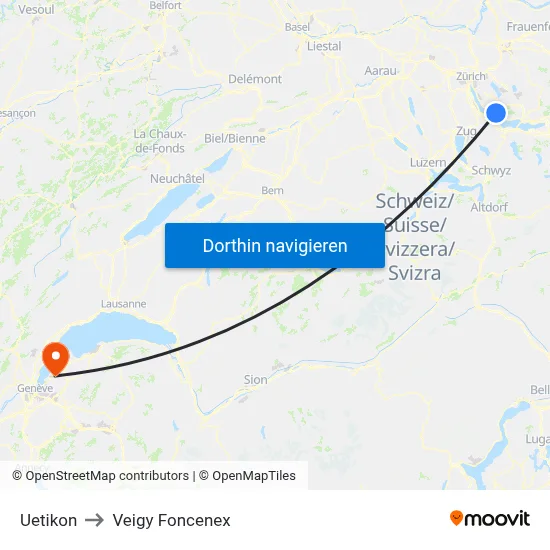Uetikon to Veigy Foncenex map