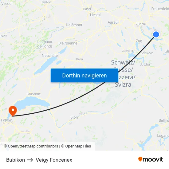 Bubikon to Veigy Foncenex map
