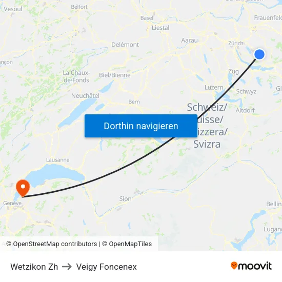 Wetzikon Zh to Veigy Foncenex map