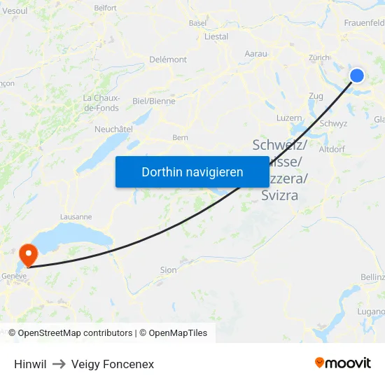 Hinwil to Veigy Foncenex map