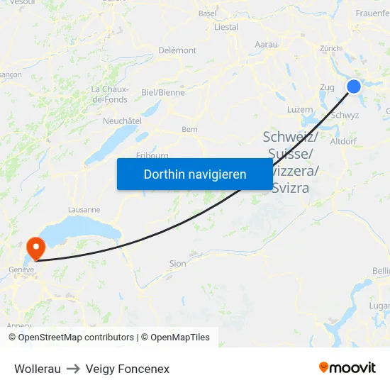 Wollerau to Veigy Foncenex map