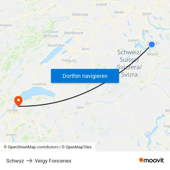 Schwyz to Veigy Foncenex map