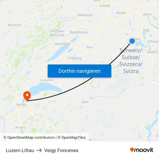 Luzern Littau to Veigy Foncenex map