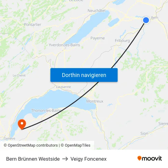 Bern Brünnen Westside to Veigy Foncenex map