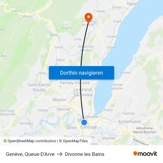Genève, Queue-D'Arve to Divonne les Bains map