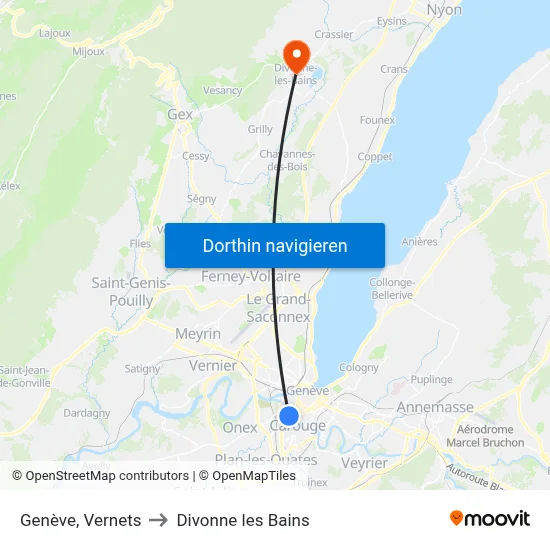 Genève, Vernets to Divonne les Bains map