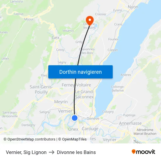 Vernier, Sig Lignon to Divonne les Bains map