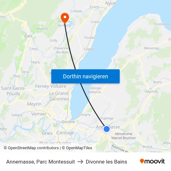 Annemasse, Parc Montessuit to Divonne les Bains map