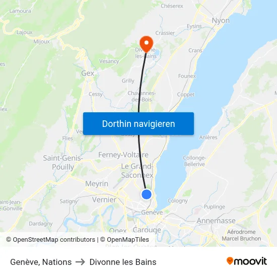 Genève, Nations to Divonne les Bains map