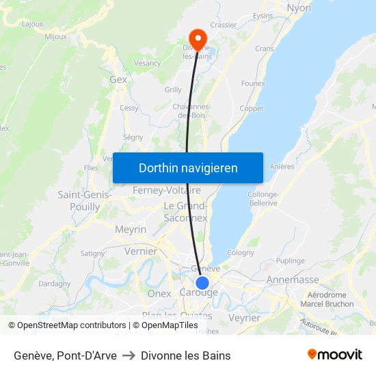 Genève, Pont-D'Arve to Divonne les Bains map