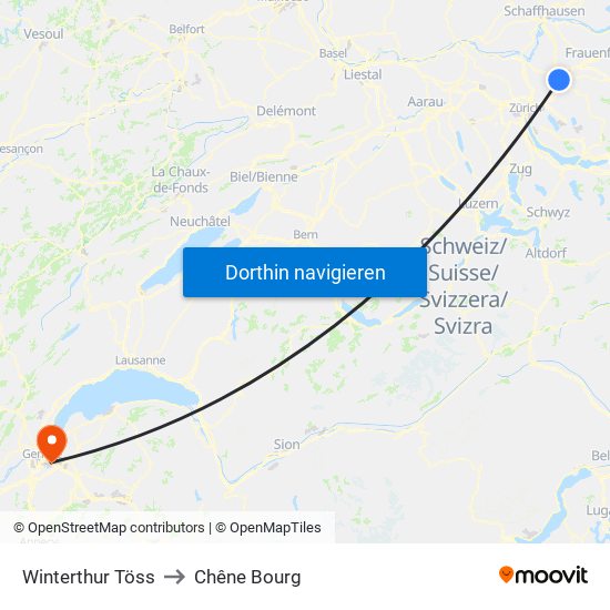 Winterthur Töss to Chêne Bourg map