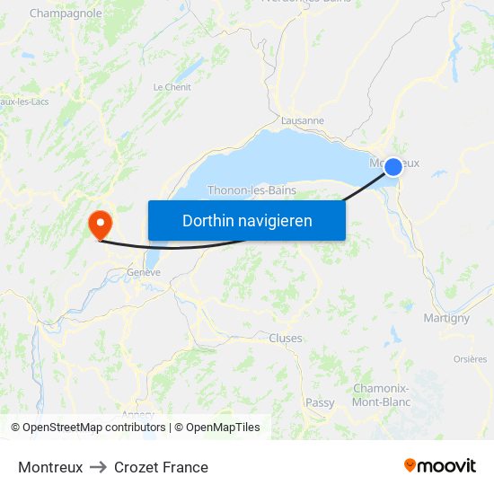 Montreux to Crozet France map