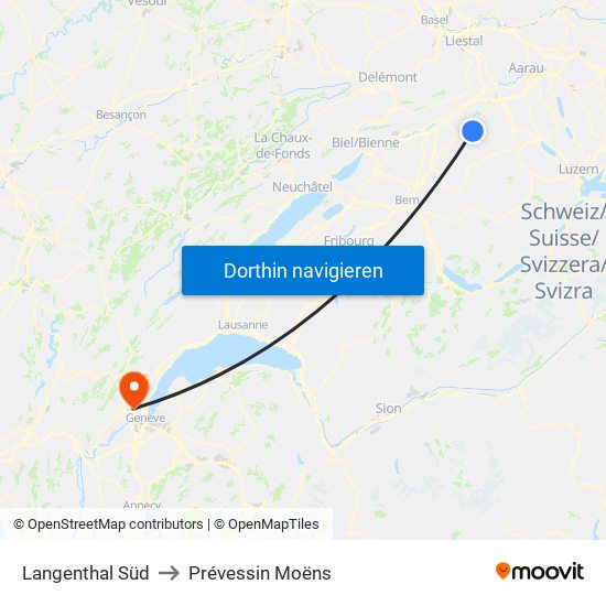 Langenthal Süd to Prévessin Moëns map