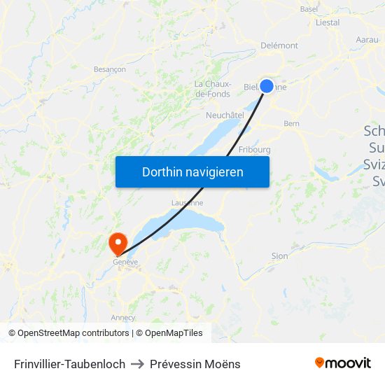 Frinvillier-Taubenloch to Prévessin Moëns map