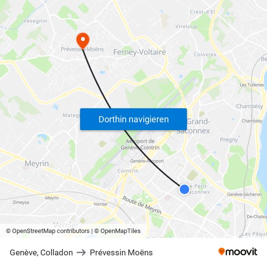 Genève, Colladon to Prévessin Moëns map