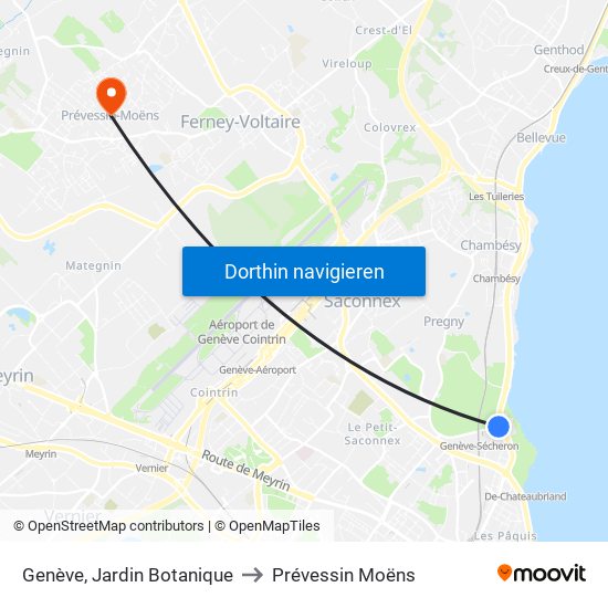 Genève, Jardin Botanique to Prévessin Moëns map