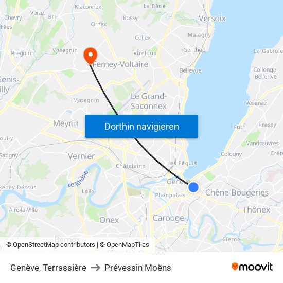 Genève, Terrassière to Prévessin Moëns map