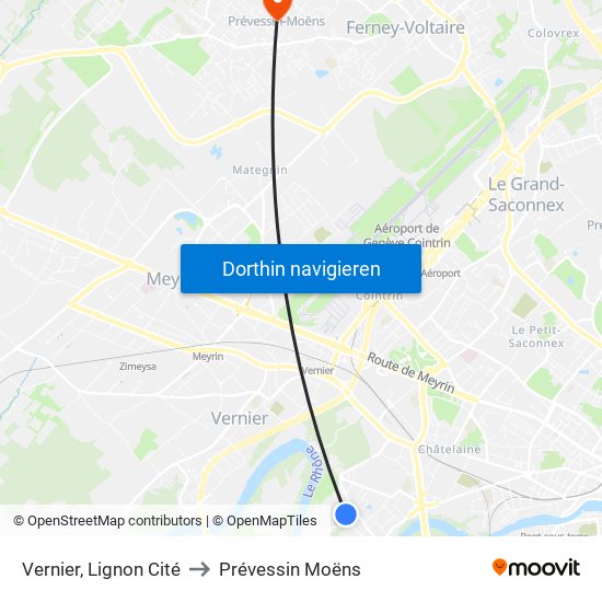 Vernier, Lignon Cité to Prévessin Moëns map