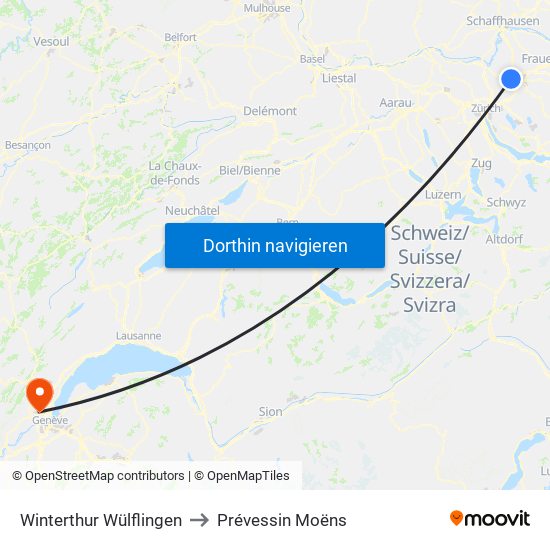 Winterthur Wülflingen to Prévessin Moëns map