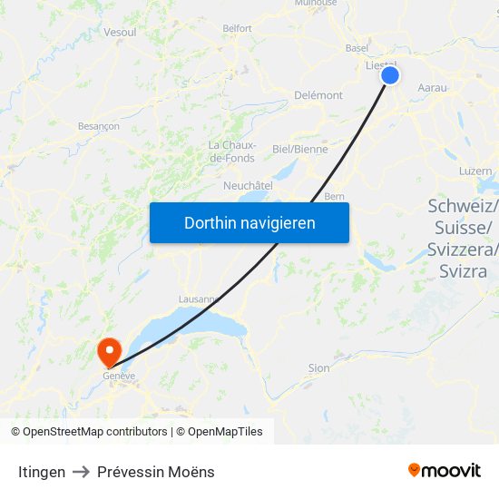 Itingen to Prévessin Moëns map