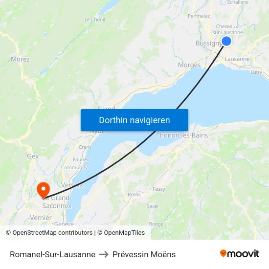 Romanel-Sur-Lausanne to Prévessin Moëns map