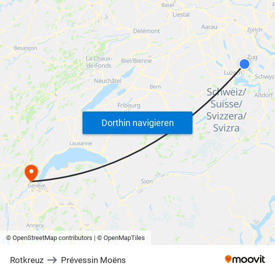 Rotkreuz to Prévessin Moëns map