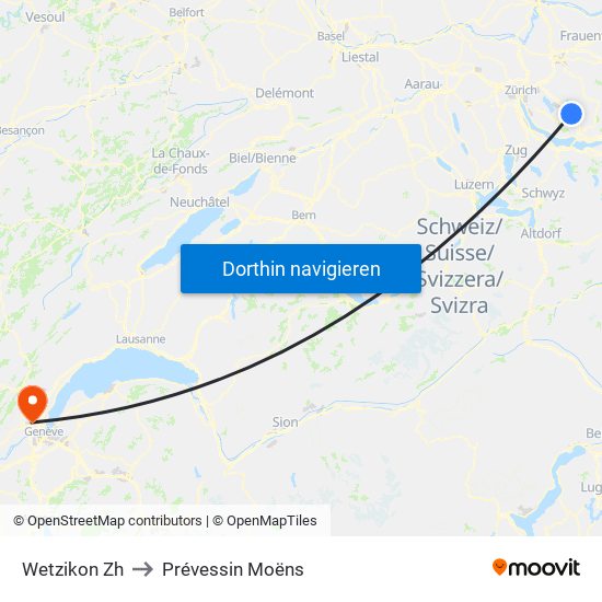 Wetzikon Zh to Prévessin Moëns map