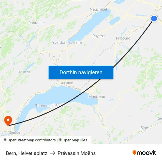 Bern, Helvetiaplatz to Prévessin Moëns map