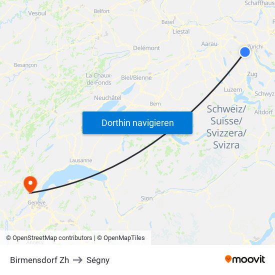 Birmensdorf Zh to Ségny map