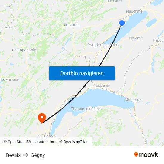 Bevaix to Ségny map