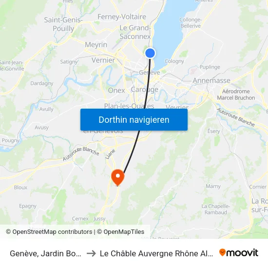 Genève, Jardin Botanique to Le Châble Auvergne Rhône Alpes France map
