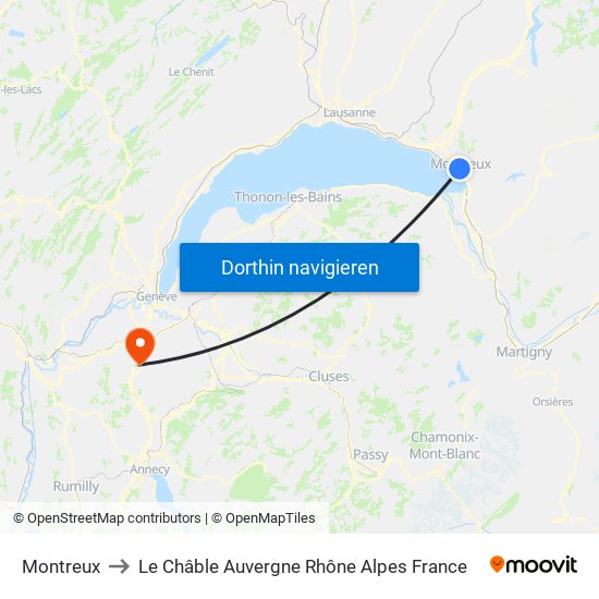 Montreux to Le Châble Auvergne Rhône Alpes France map