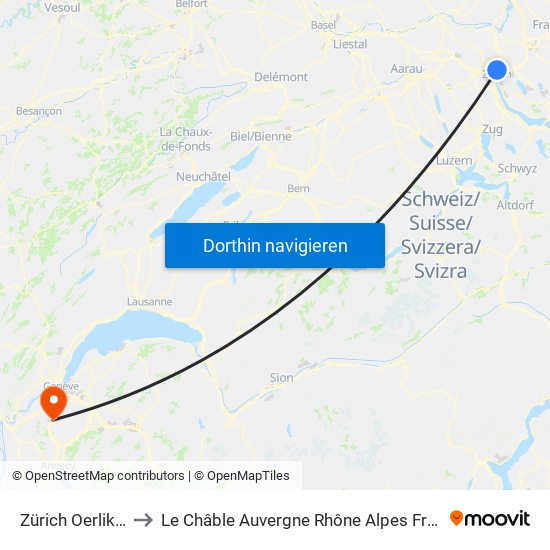 Zürich Oerlikon to Le Châble Auvergne Rhône Alpes France map