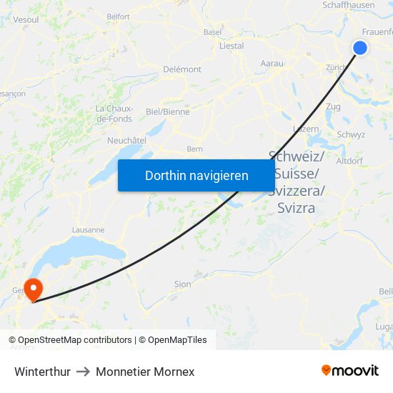 Winterthur to Monnetier Mornex map