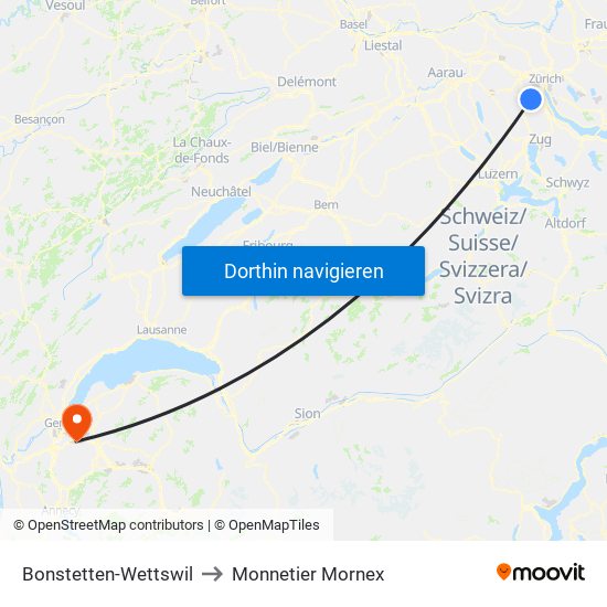 Bonstetten-Wettswil to Monnetier Mornex map