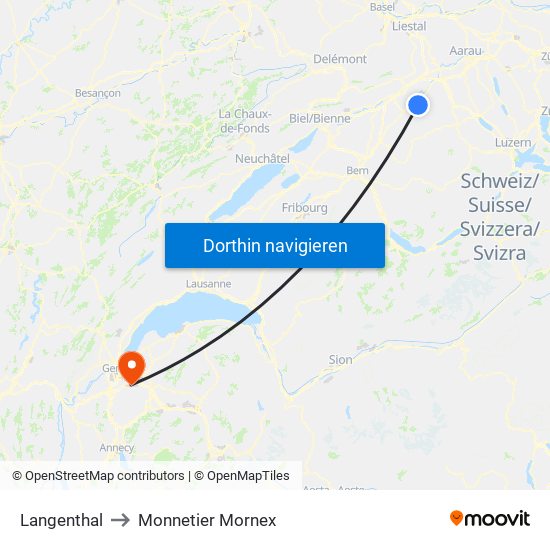 Langenthal to Monnetier Mornex map