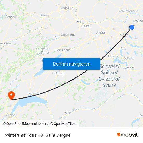 Winterthur Töss to Saint Cergue map