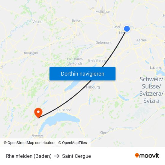 Rheinfelden (Baden) to Saint Cergue map