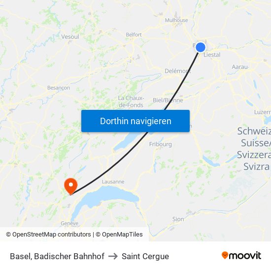 Basel, Badischer Bahnhof to Saint Cergue map