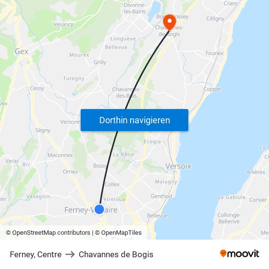 Ferney, Centre to Chavannes de Bogis map