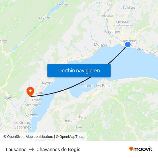 Lausanne to Chavannes de Bogis map