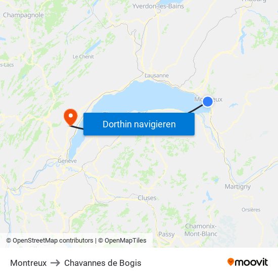 Montreux to Chavannes de Bogis map