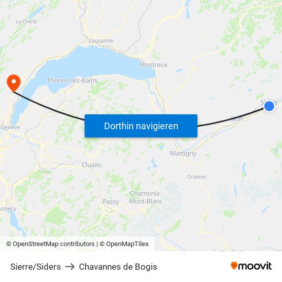 Sierre/Siders to Chavannes de Bogis map